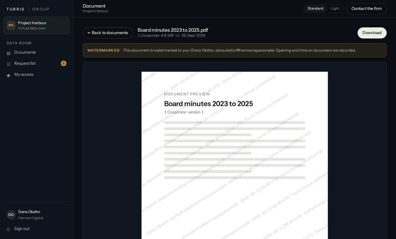 A document open in the data room viewer, watermarked with the reader's name